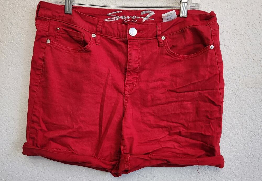 Seven 7 Red Frayed Rolled Hem Denim Short 14 Lightweight Stretch Soft Flat Front